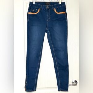 Joseph Ribkoff Skinny Jeans Tan Leather Trim Ankle Zip Sz 10 Moto Contemporary